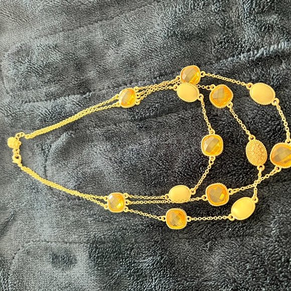 Gold Tone Multi-Row Necklace with Yellow/Gold Stones & Medallions - 15-17 inches - Picture 3 of 3